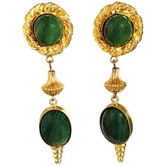 1970s William de Lillo Emerald Green + Gold Vintage Clip On Earrings Signed