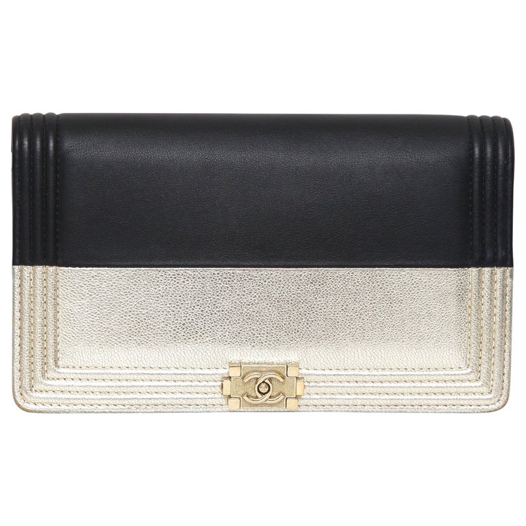 CHANEL Black Gold Leather Boy Yen Wallet CC Long Bills Cards Coins Bi