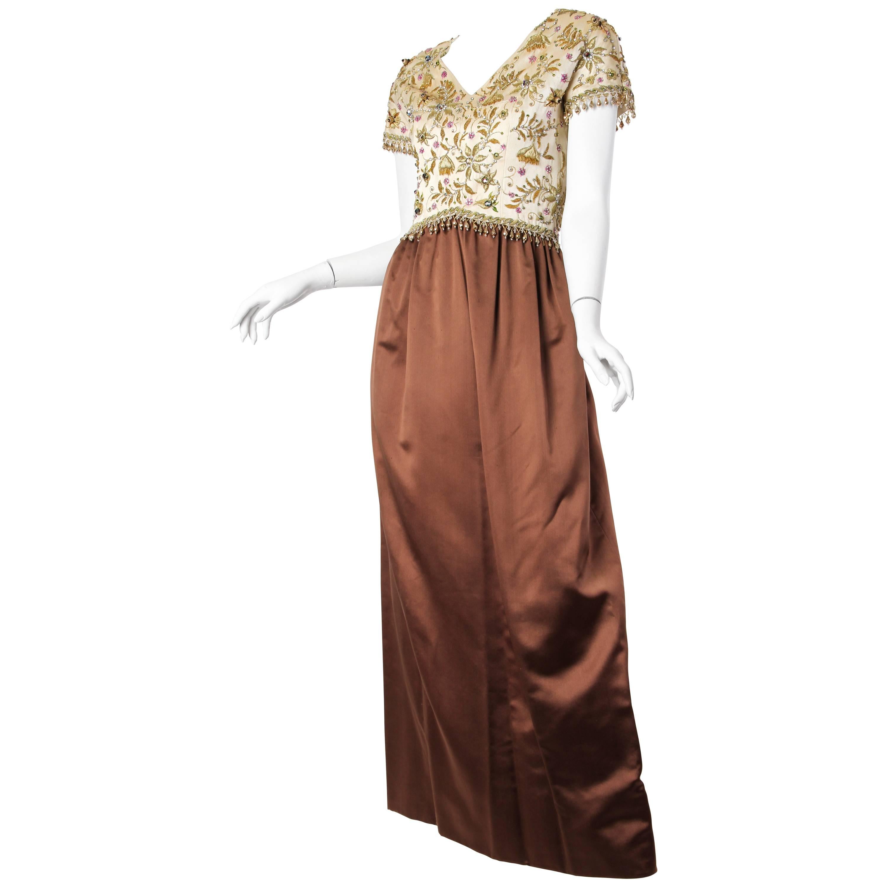 1950S BALENCIAGA Style Ivory & Brown Silk Duchess Satin Gown With Elaborated Gol