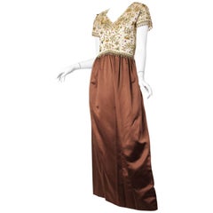 1950S BALENCIAGA Style Ivory & Brown Silk Duchess Satin Gown With Elaborate Gol