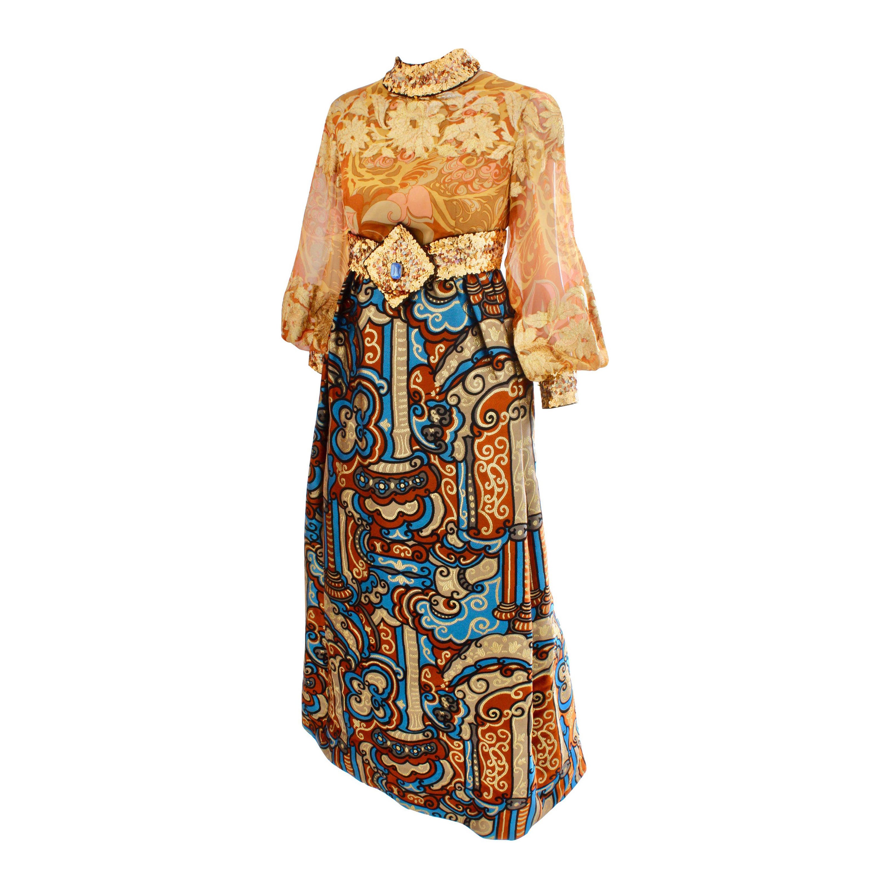 Burke Amey Evening Gown Floral Fantasy Silk Brocade Tapestry Vintage 70s  For Sale