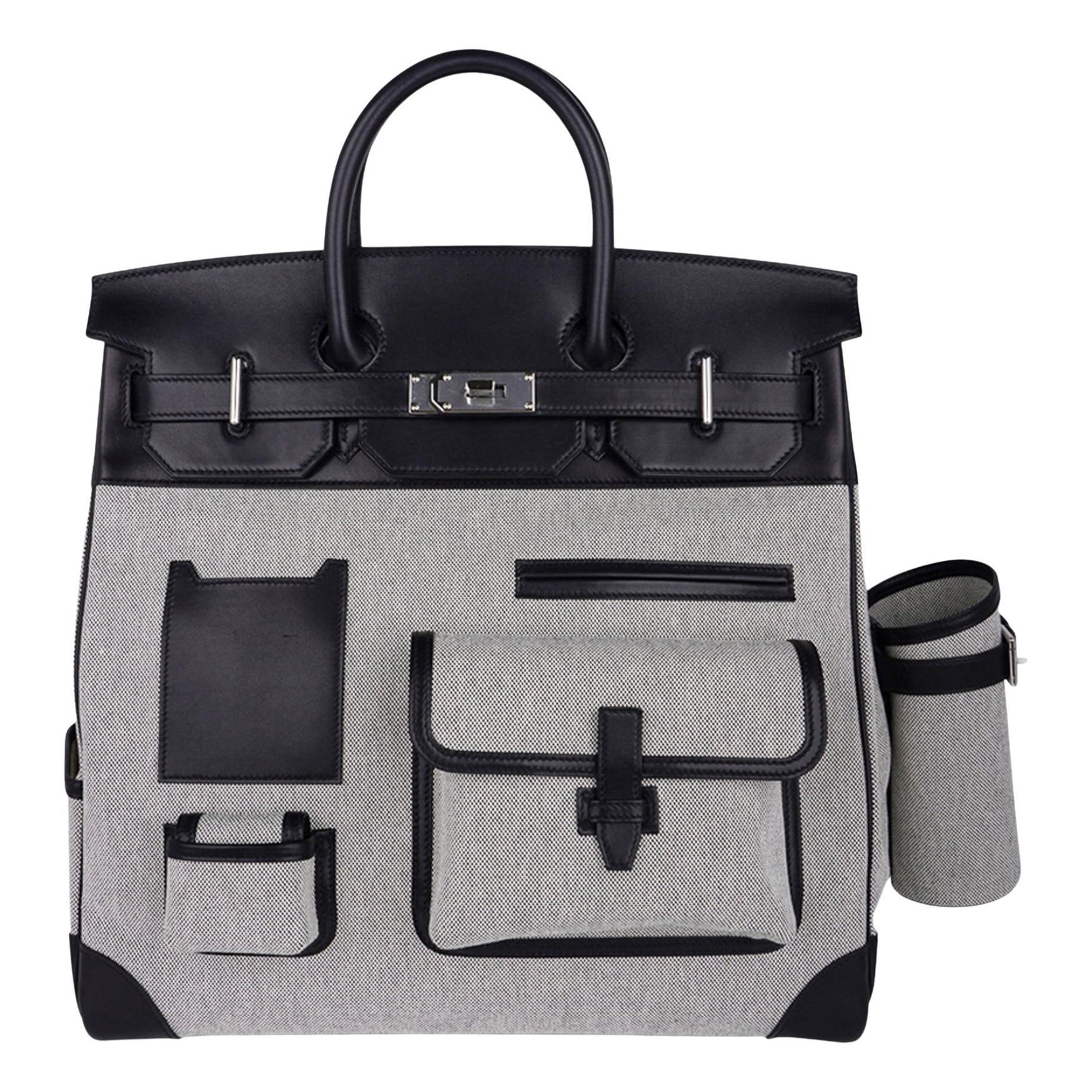 Hermes Birkin Cargo Hac 40 Birkin Bag Black Evercalf  Leather/Toile H Ecru Noir For Sale