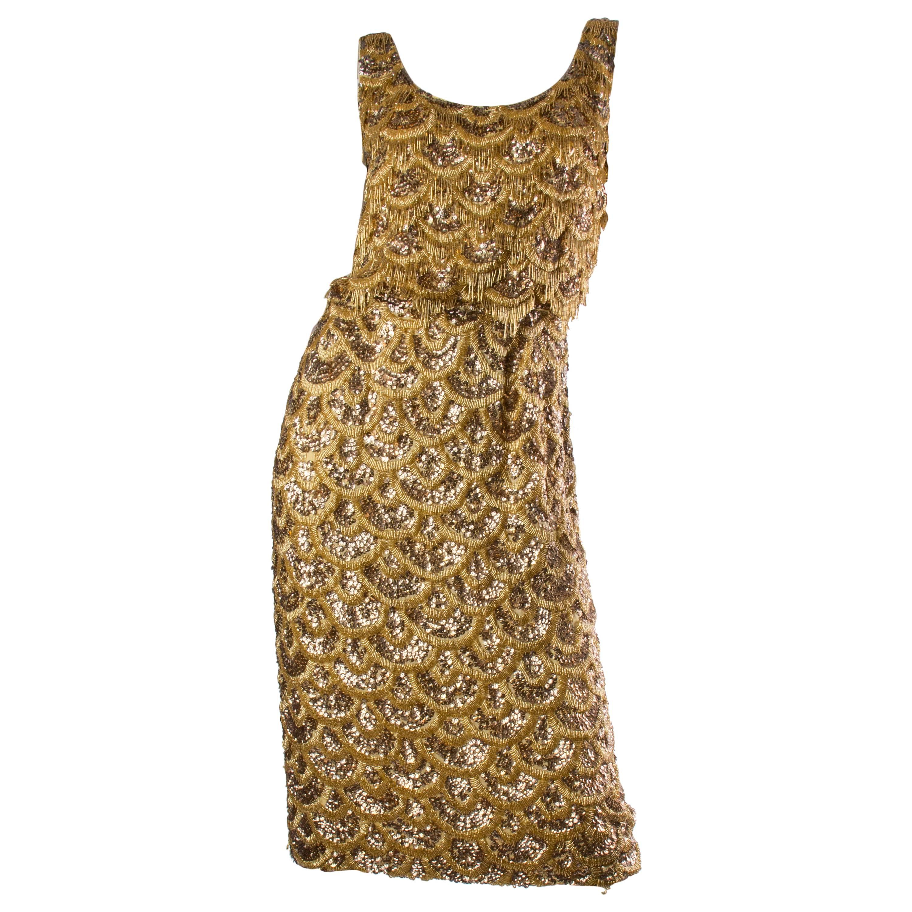 Early 1960s Beaded Gold Fringe Bombshell Mermaid Dress