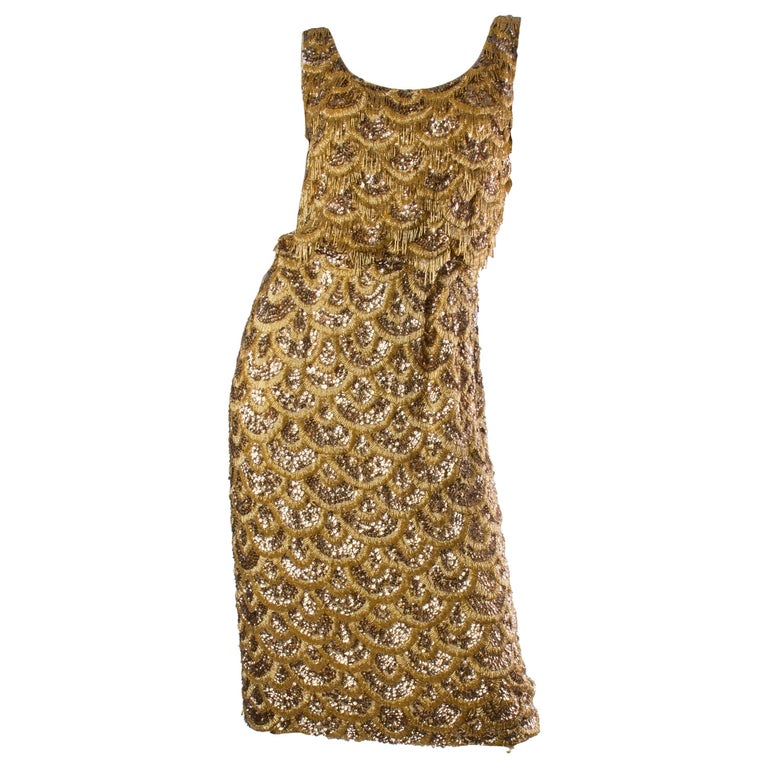 Early 1960s Beaded Gold Fringe Bombshell Mermaid Dress at 1stDibs ...