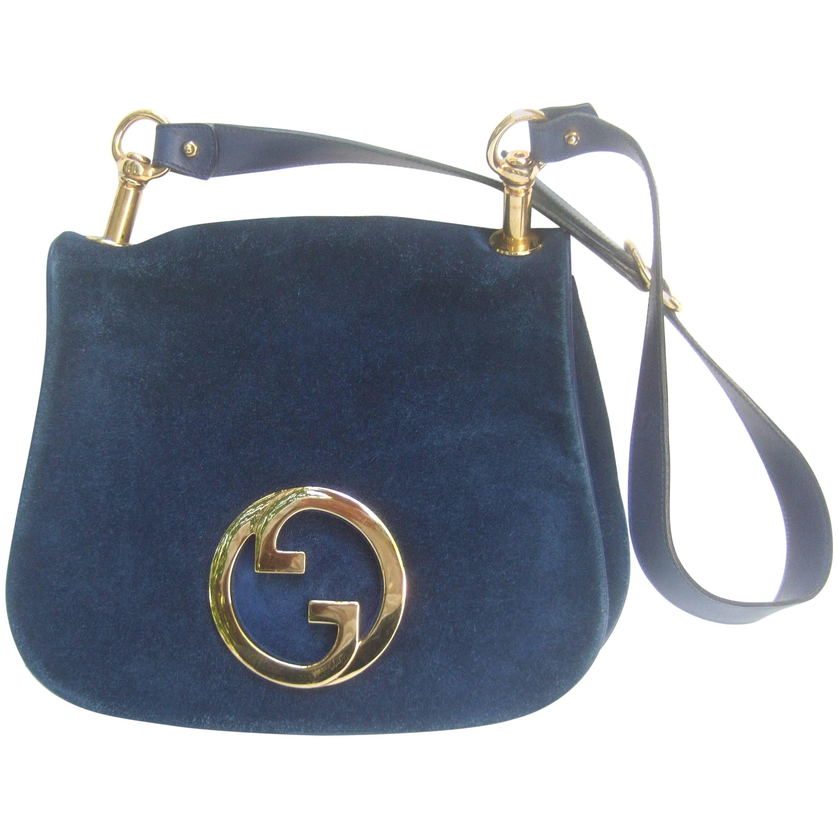 Gucci Italy Rare Midnight Blue Suede Shoulder Bag c 1970s