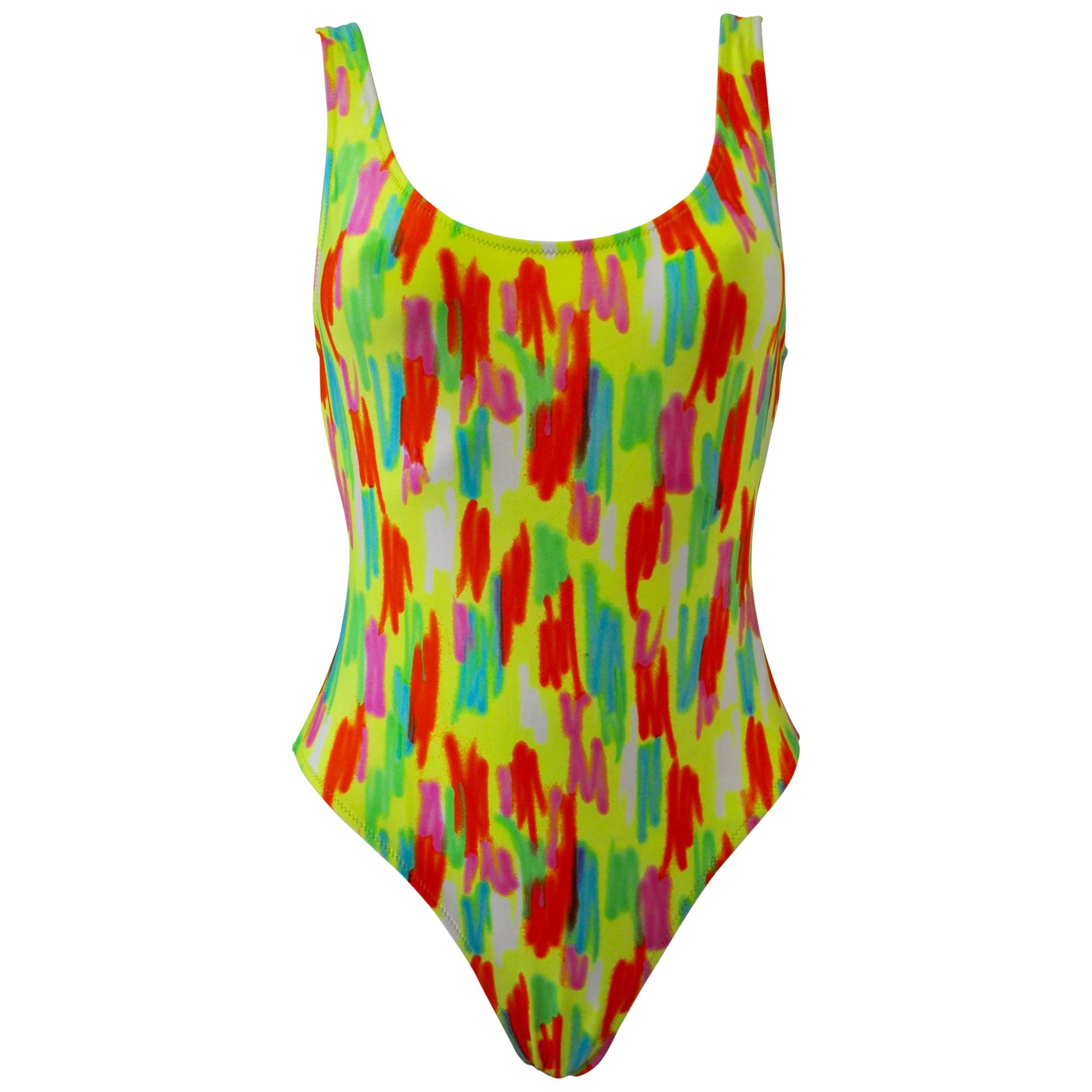 Original Gianni Versace Yellow Neon Color Stroke Swimsuit For Sale