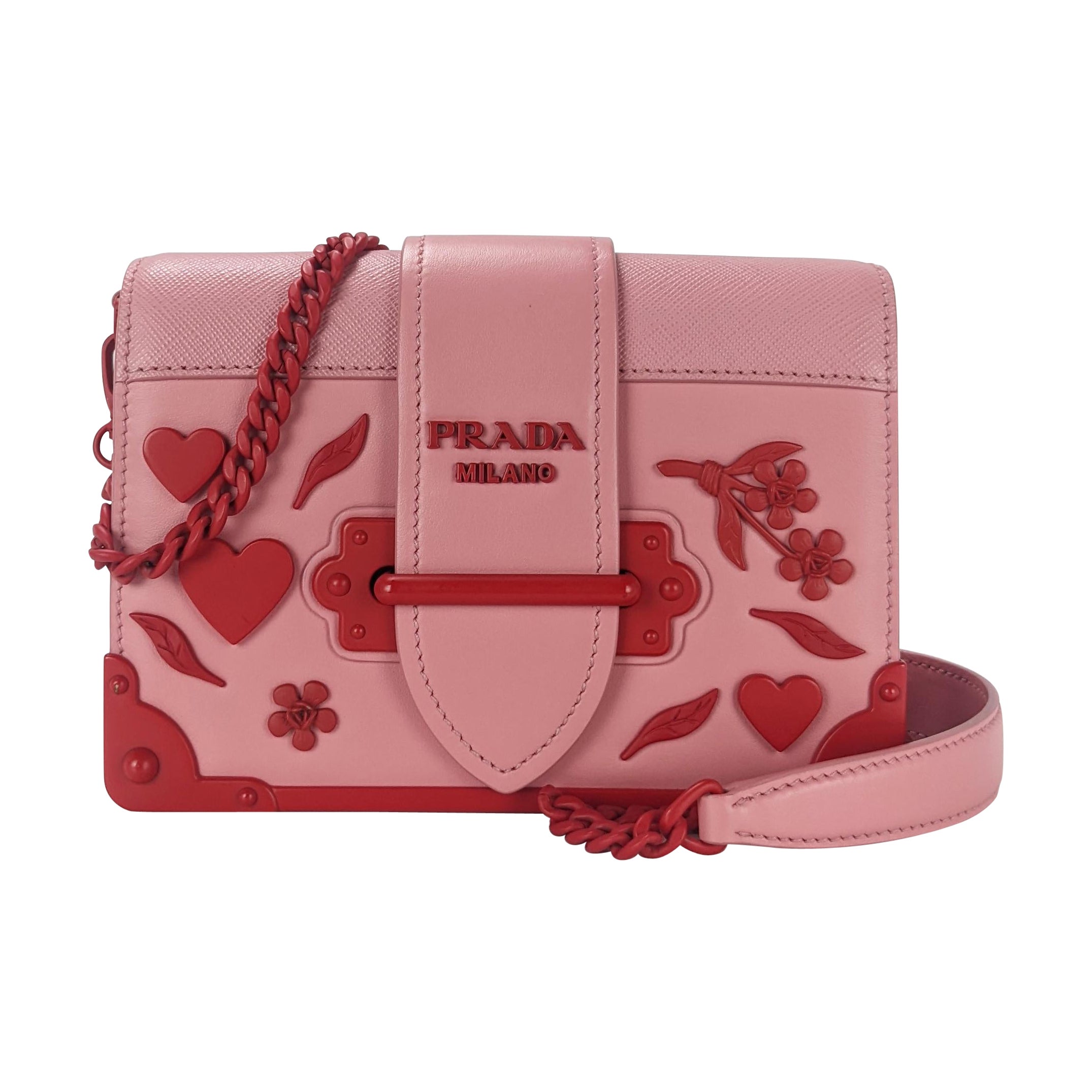 Prada Cahier Red Flower Heart Studded Small Pink Leather Crossbody Bag
