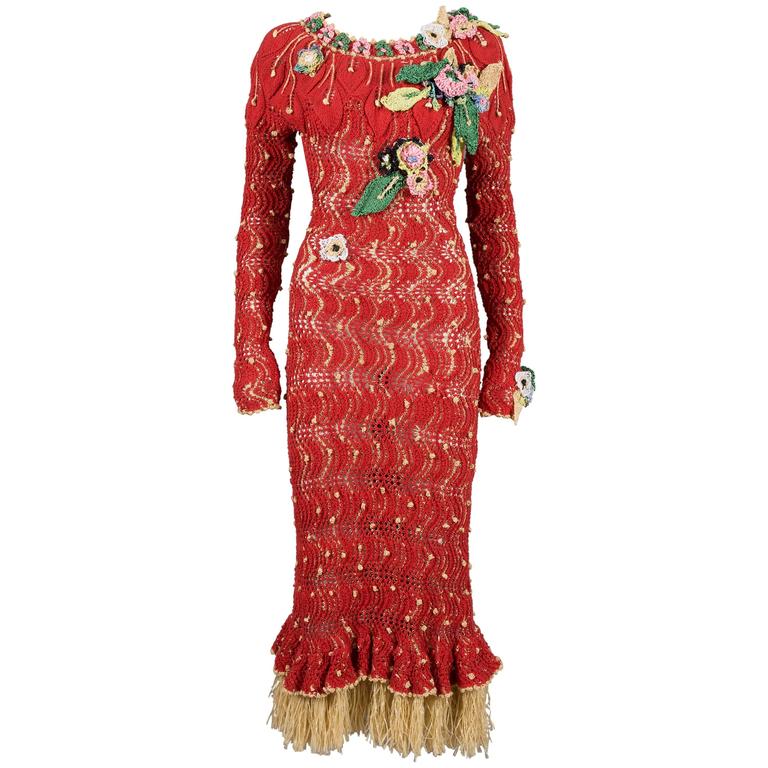 Vivienne Westwood runway rafia knitted dress with floral appliqués, C