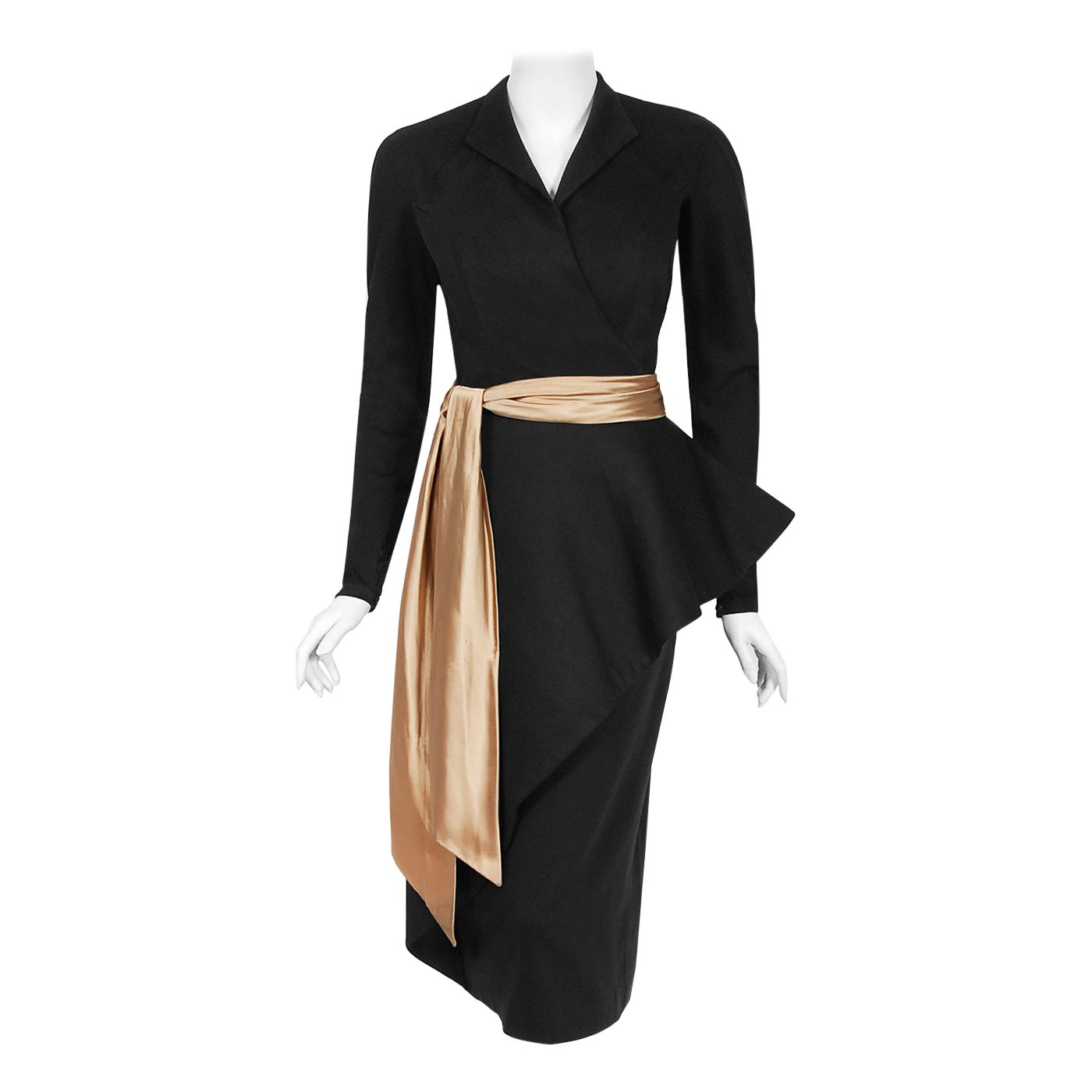 Vintage 1949 Lanvin Haute Couture Documented Sculpted Black Wool Cocktail Dress
