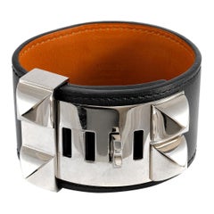  Hermès Black Leather CDC Collier de Chien Bracelet Cuff 