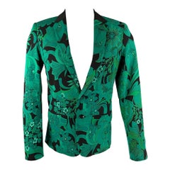 MR TURK Chest Size 36 Green & Black Floral Rayon Blend Notch Lapel Sport Coat