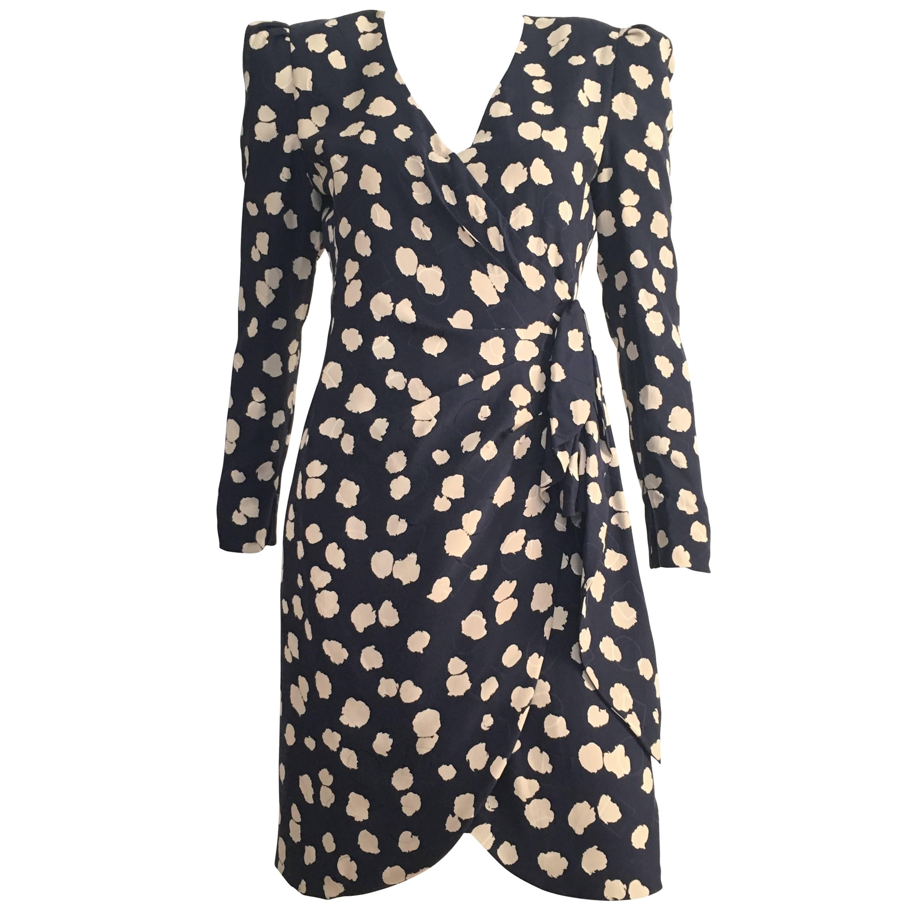 Carolina Herrera Navy Cloud Silk Faux Wrap Dress Size 8.
