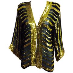 Vintage Sweelo black silk and gold sequin kimono style jacket 1970s unworn