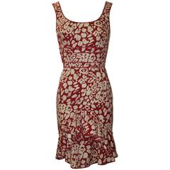 Oscar de la Renta Red and Cream Animal Print Leopard Cotton Sundress Ruffle Hem