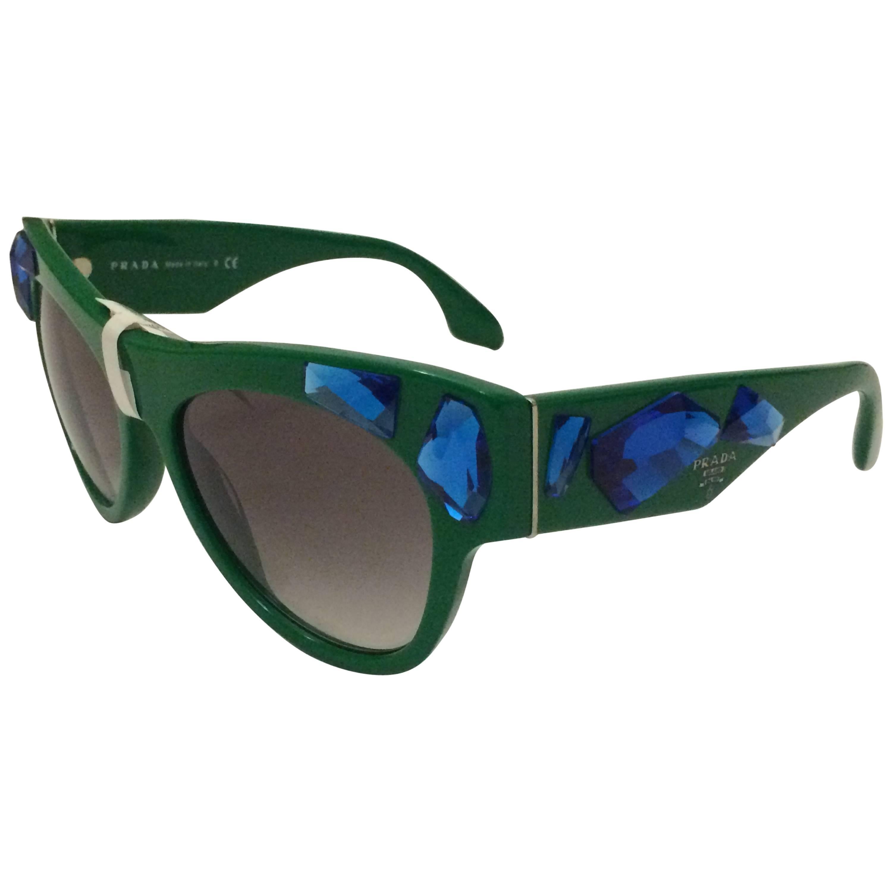 Prada Voice Sunglasses Green with Blue Crystal Embellishment New with Tags