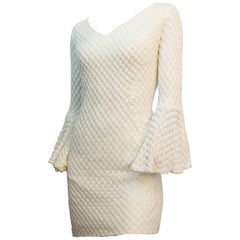 60s White Crochet Mini Dress with Bell Sleeves 