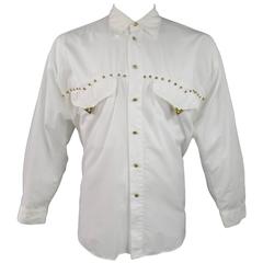 GIANNI VERSACE Size XL Men's White Cotton Gold Studded Western Long Sleeve Shirt