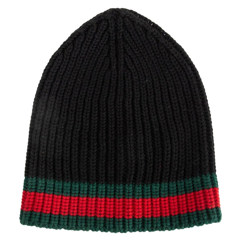 GUCCI black wool WEB STRIPE SKULL CAP KNIT Hat M / 58 For Sale at 1stDibs