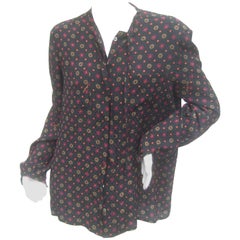 Vintage Salvatore Ferragamo Italy Silk Print Bow Tie Blouse c 1980s