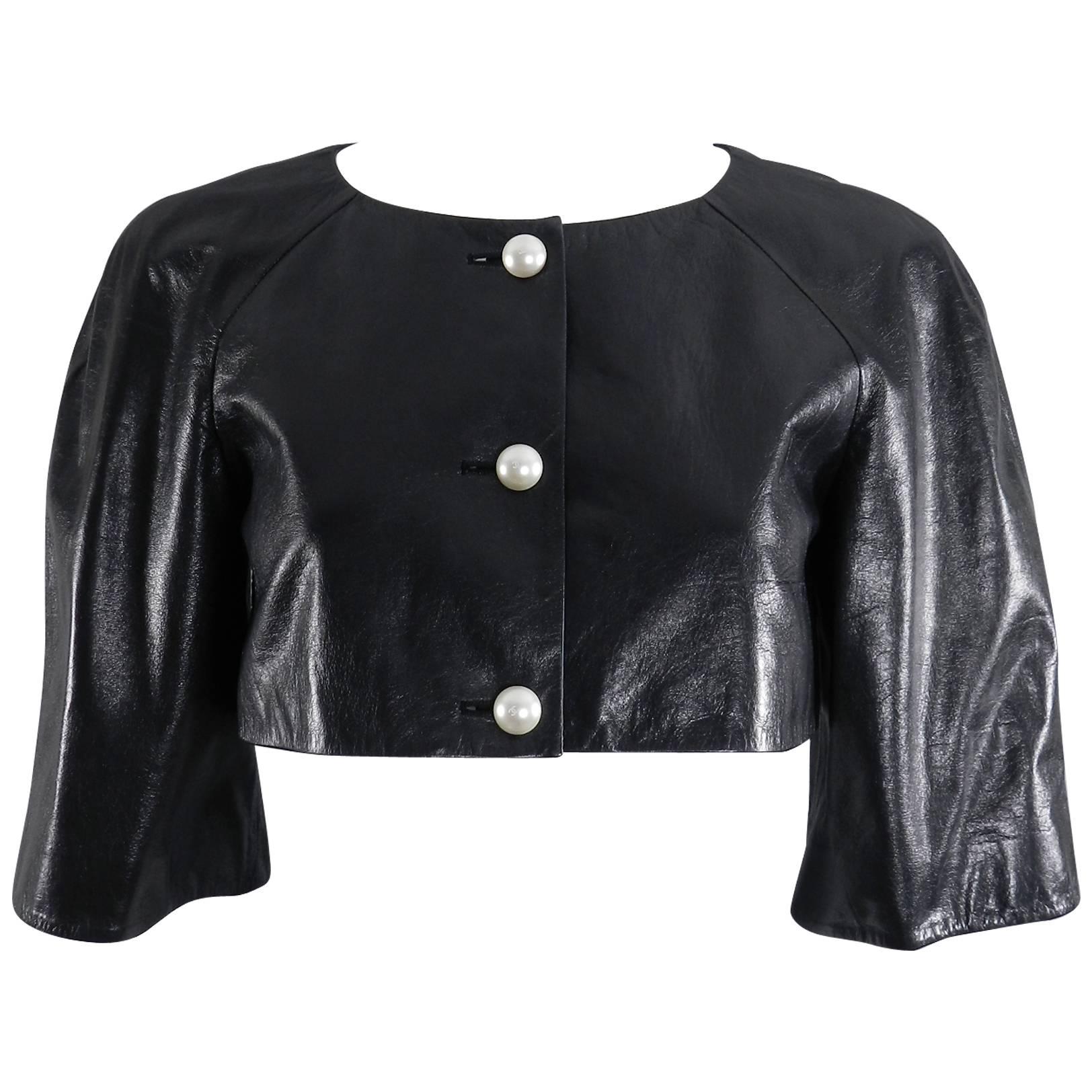 Chanel 13P Black Leather Crop Jacket with Pearl Buttons
