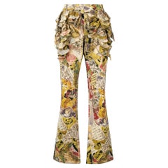 2000s Moschino Vintage Multicolor Printed Denim Trousers with Ruffles