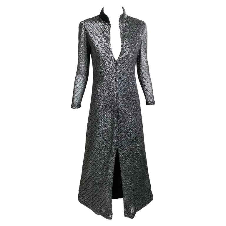Donald Brooks Boutique Maxi Dress with Metallic Diamond Pattern Vintage 70s XS For Sale