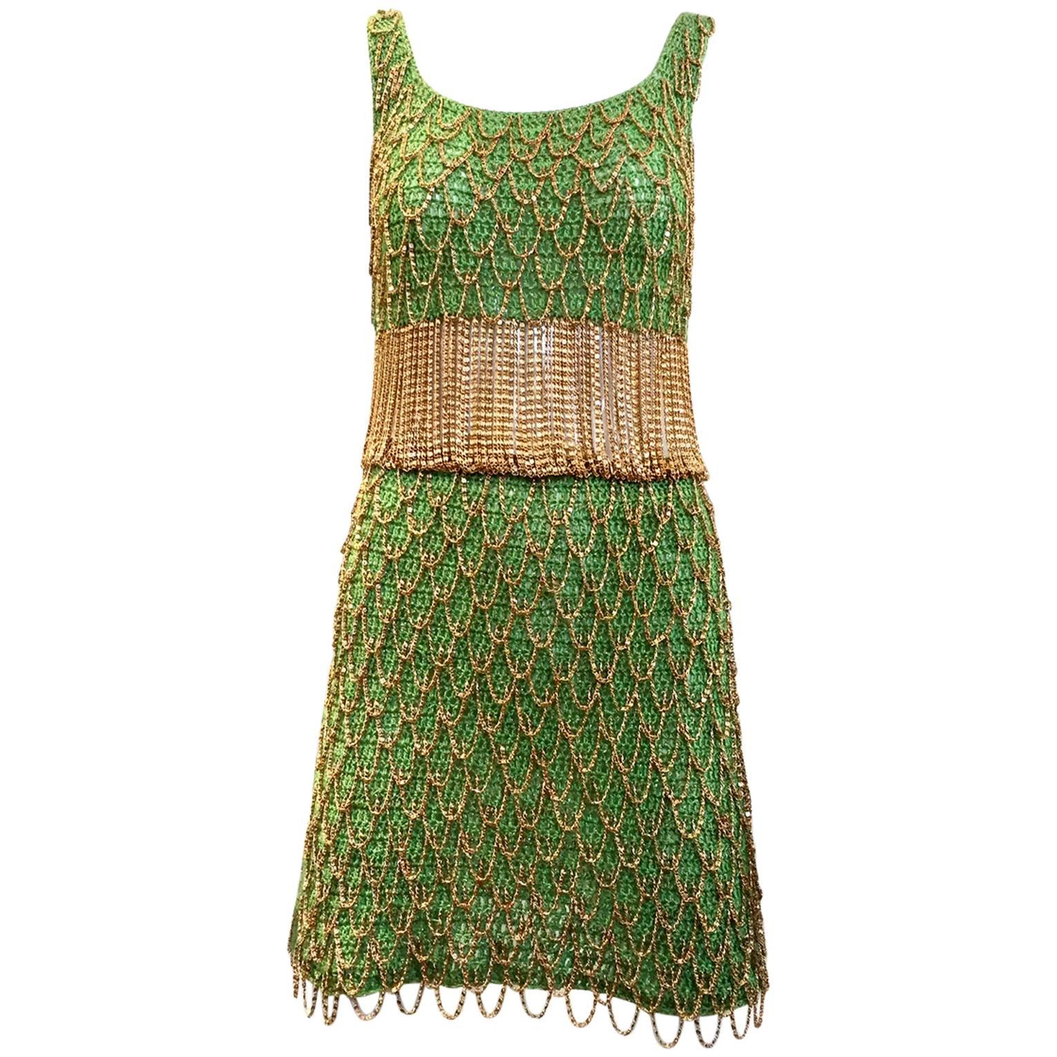 1970s Loris Azzaro gold and green knit chain dress