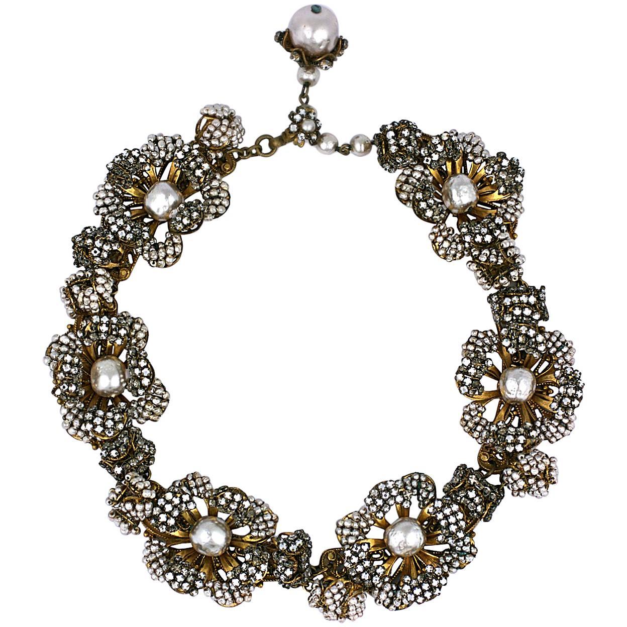 Miriam Haskell Massive Rose Monte and Faux Pearl Flower Collar For Sale