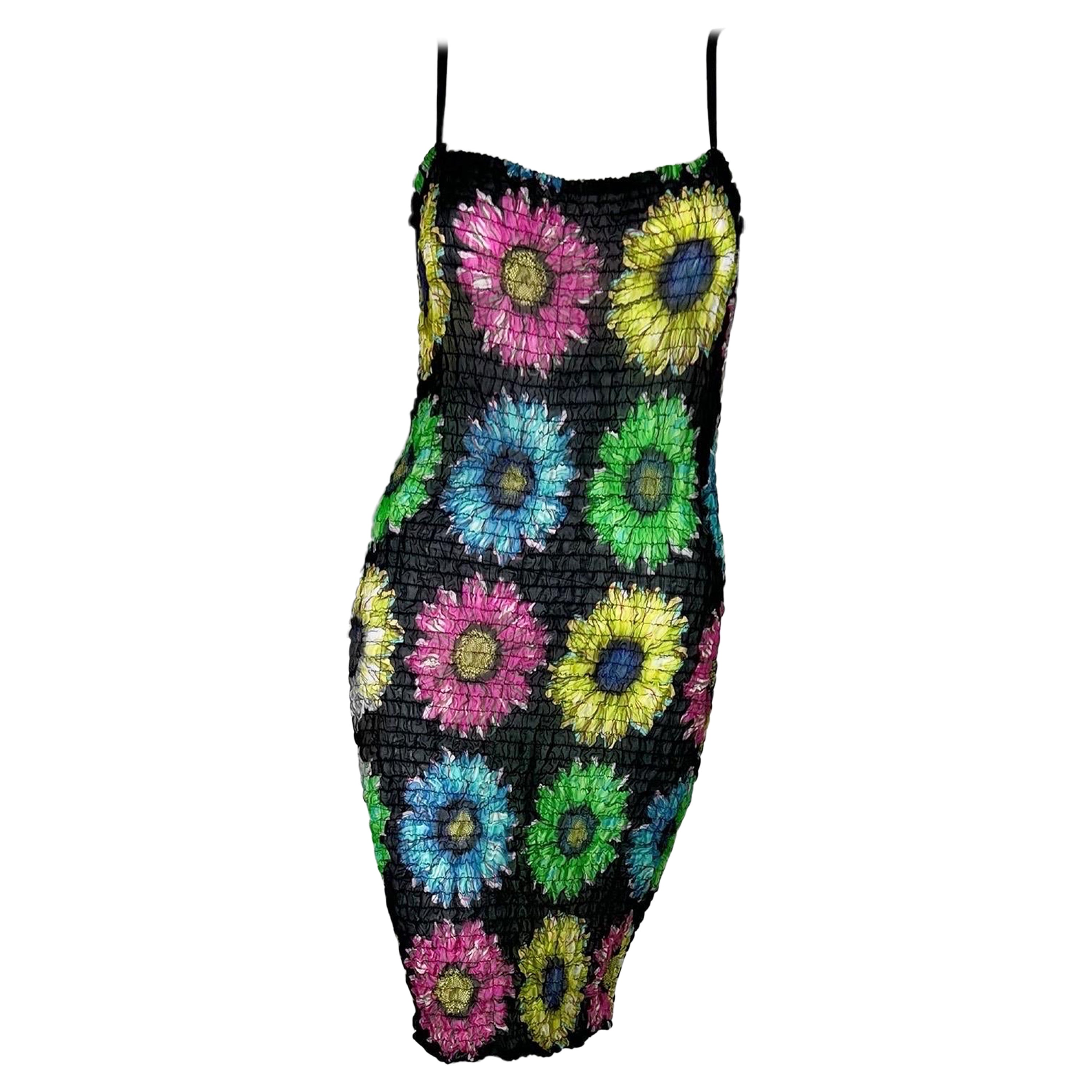 SS 2002 Versace by Donatella Versace Durchsichtiges Kleid mit Sonnenblumenmuster im Angebot