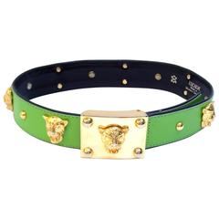 1980's Studded Escada Spring Green Leather Belt With Gold Jaguar Buckle