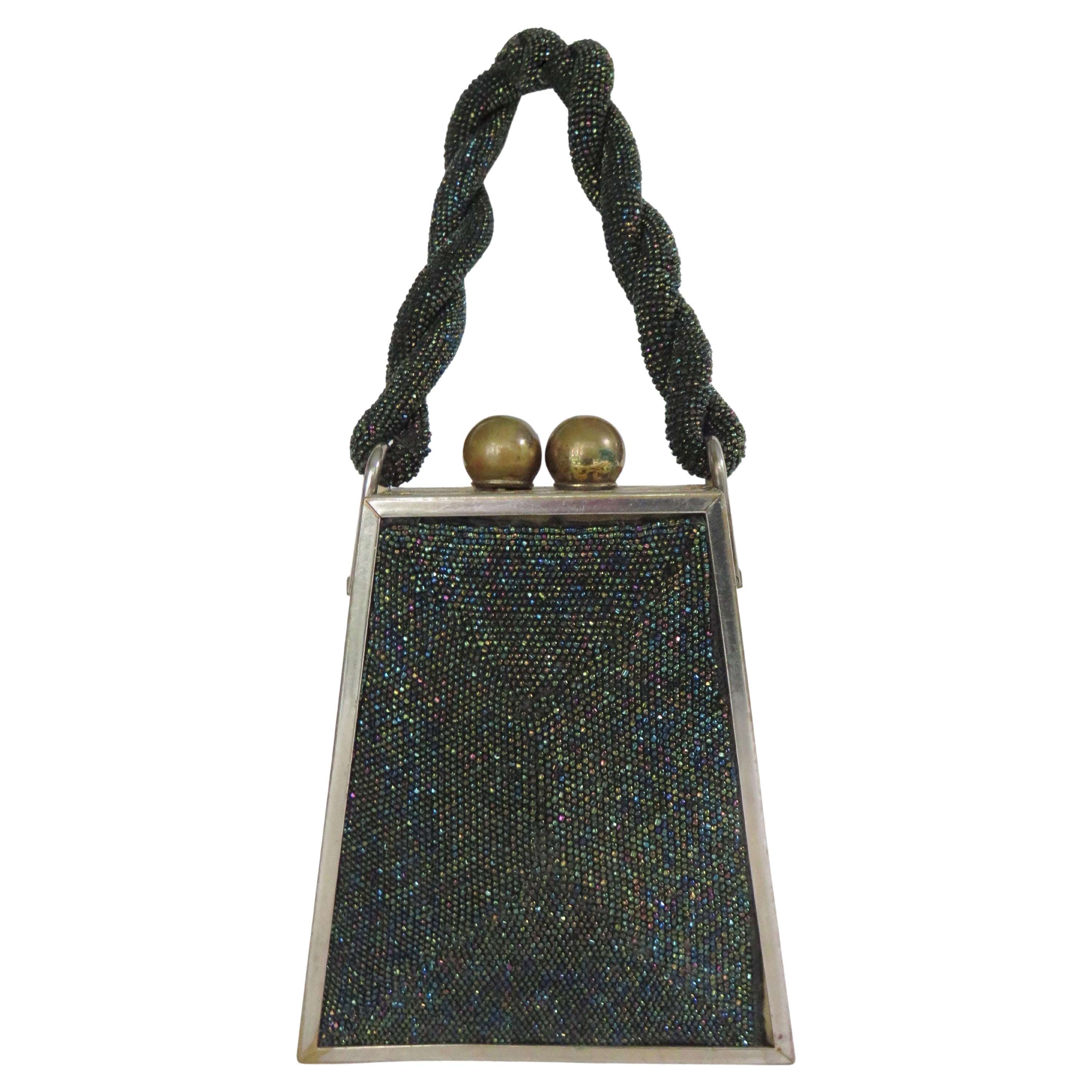 Black Carnival 1940s Beaded Triangle Box Handbag For Sale