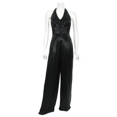Vintage 1970's Black Fully-Beaded Silk Satin Halter Custom Couture Jumpsuit
