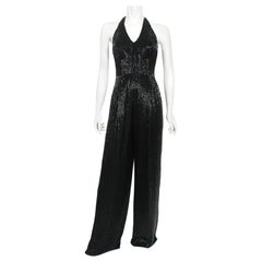 Vintage 1970's Black Fully-Beaded Silk Satin Halter Custom Couture Jumpsuit