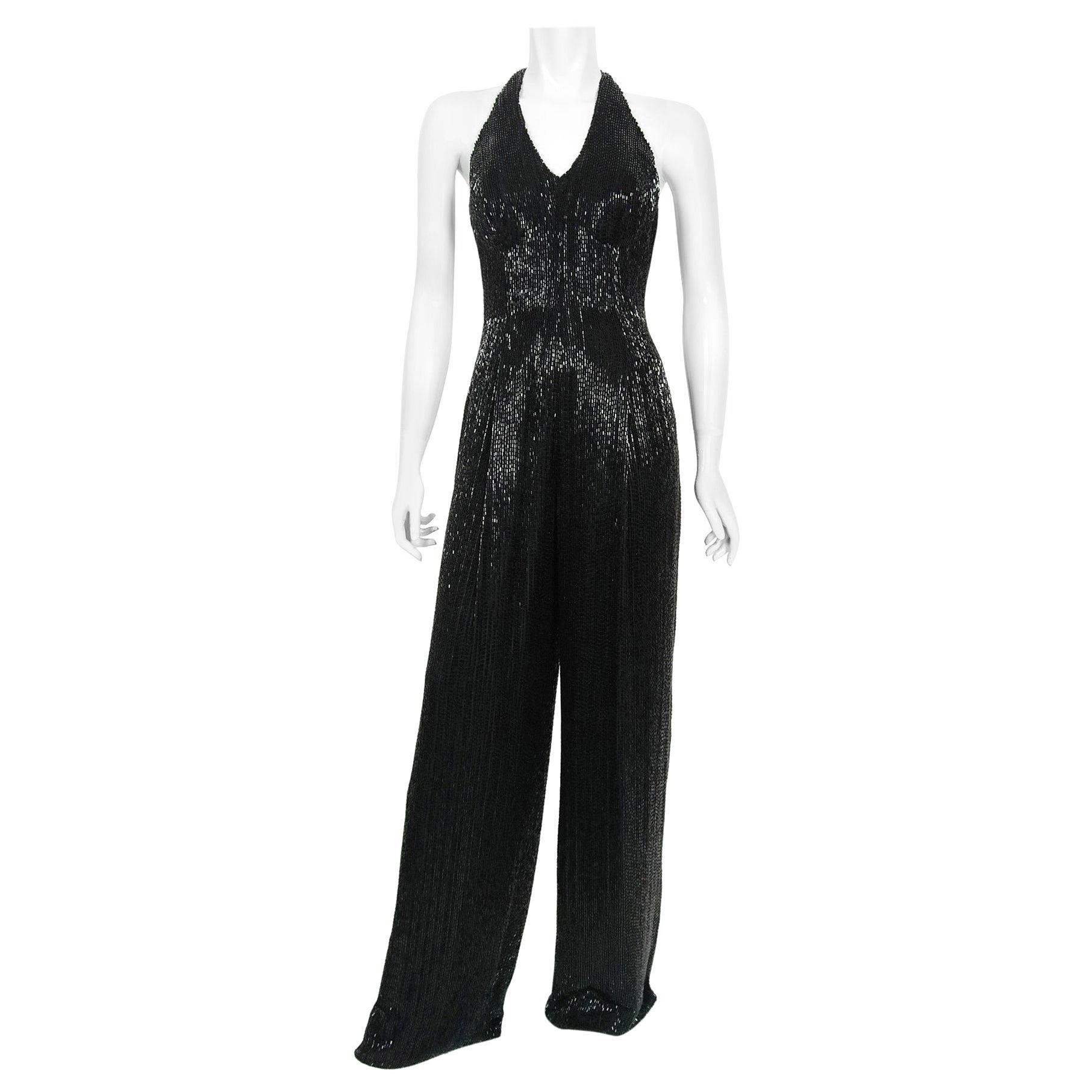 Vintage 1970s Black Fully-Beaded Silk Satin Halter Custom Couture Disco Jumpsuit en vente
