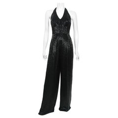 Used 1970s Black Fully-Beaded Silk Satin Halter Custom Couture Disco Jumpsuit