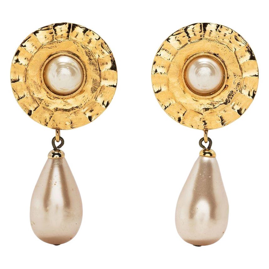  Chanel Gold Tone Drop Clip On Earrings For Sale