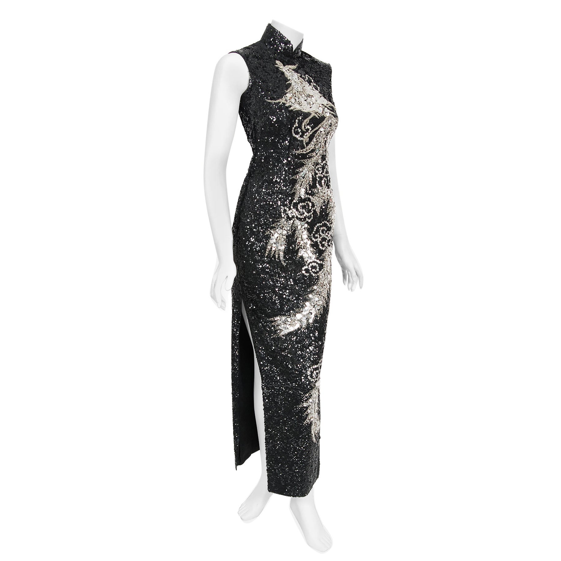 Vintage 1960s Black & Silver Sequin Beaded Phoenix Bird Hourglass Cheongsam Gown