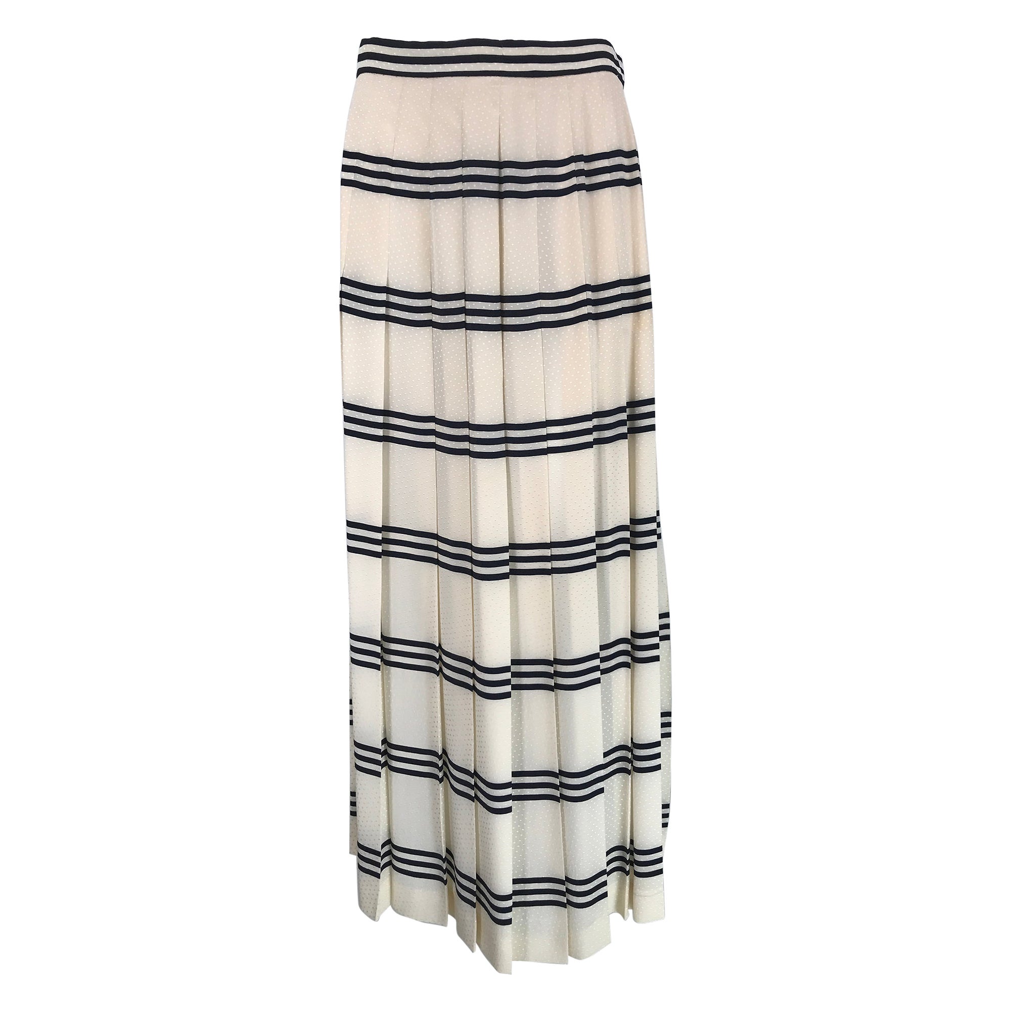 Gloria Sachs Cream & Black Horizontal Stripe Silk Jacquard Pleated Skirt 1980s 