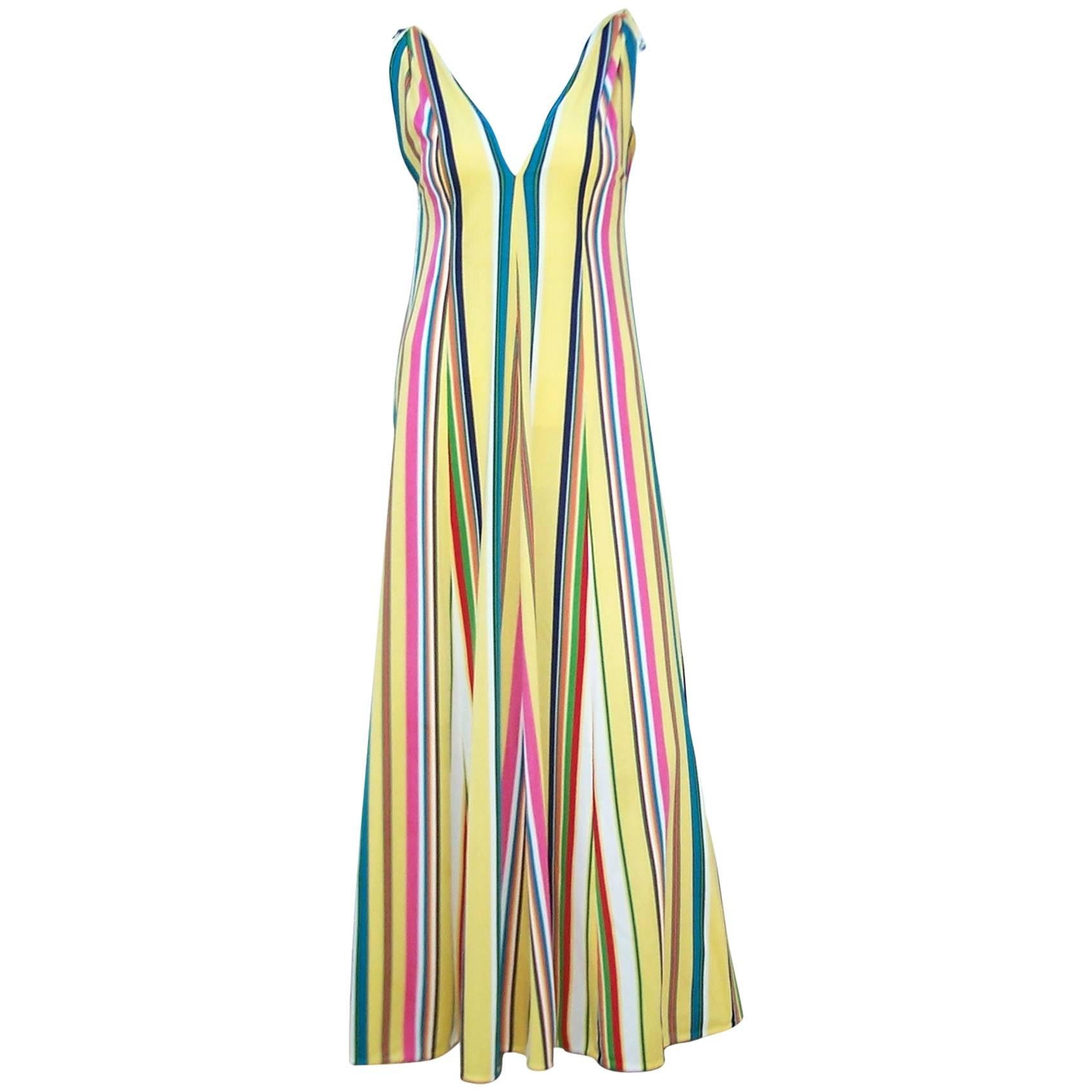 Vibrantly Striped 1970's Clovis Ruffin Jersey Knit Lounger Dress