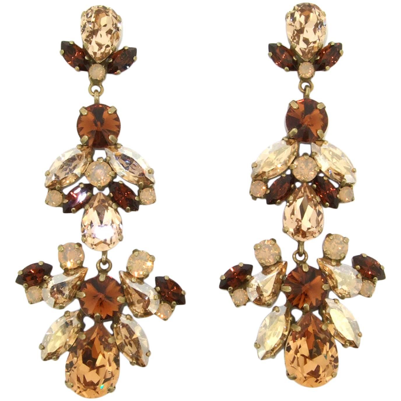 Beige Brown Crystal Chandelier Earrings by Fringes