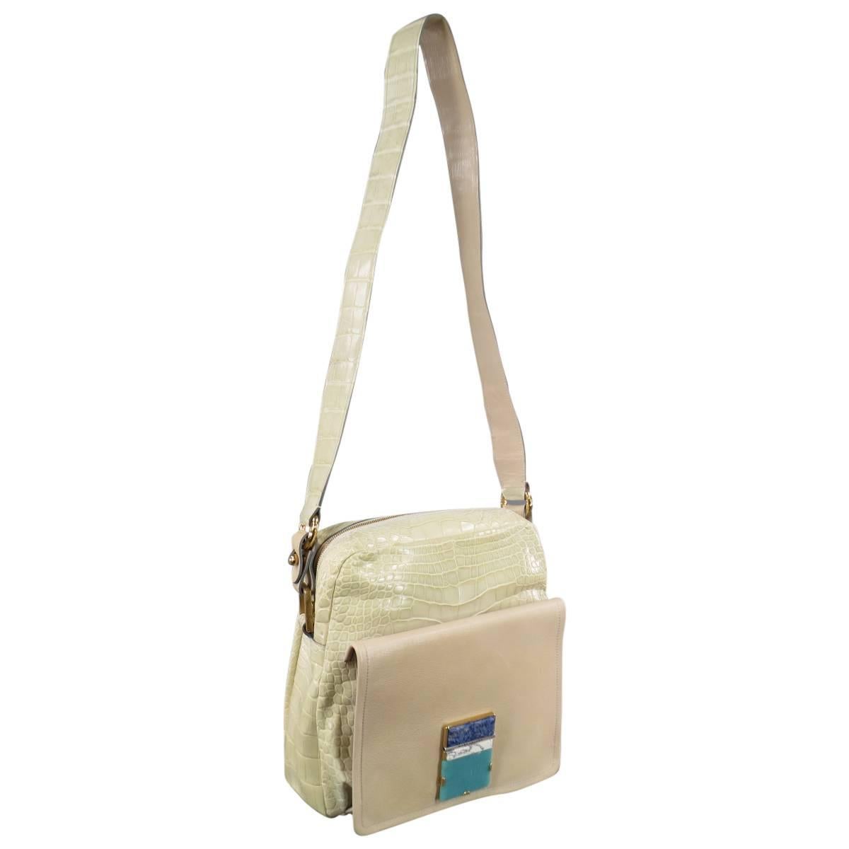 MARC JACOBS Pastel Mint Green & Tan Crocodile Embossed Leather Stone Crossbody