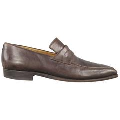 BRIONI Size 11 Brown Leather Top Stitching Penny Loafers