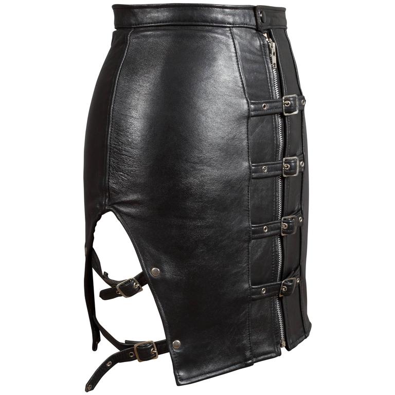 Original punk leather mink skirt with side cut outs, c. 1970 at 1stDibs