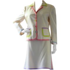 Vintage Moschino Cheap + Chic White Jacket + Skirt Suit With Pastel Stripes Size 12