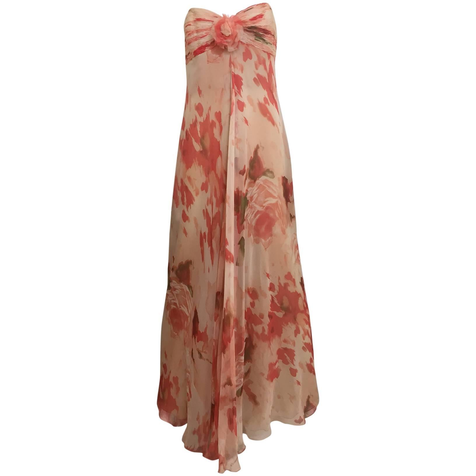 1990s Bill Blass Peach Water Color Floral Print Strapless Flowy Silk Dress For Sale