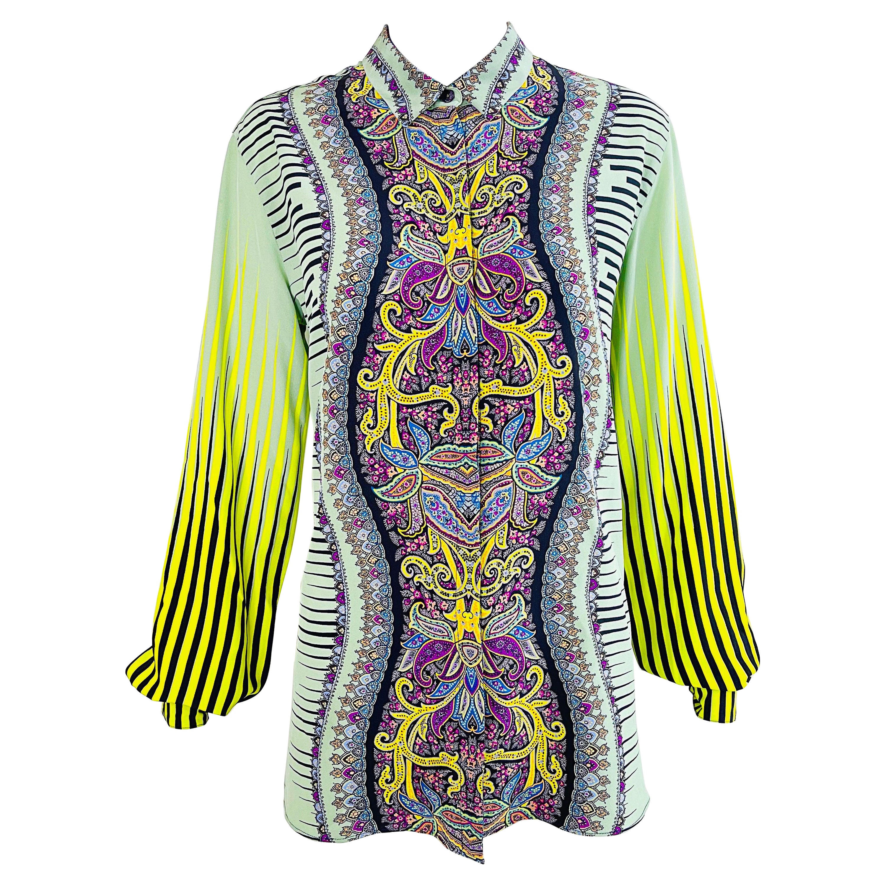 Etro 2000s Femmes Taille 46 / US 10 12 Colorful Paisley Striped Y2K Silk Blouse  en vente
