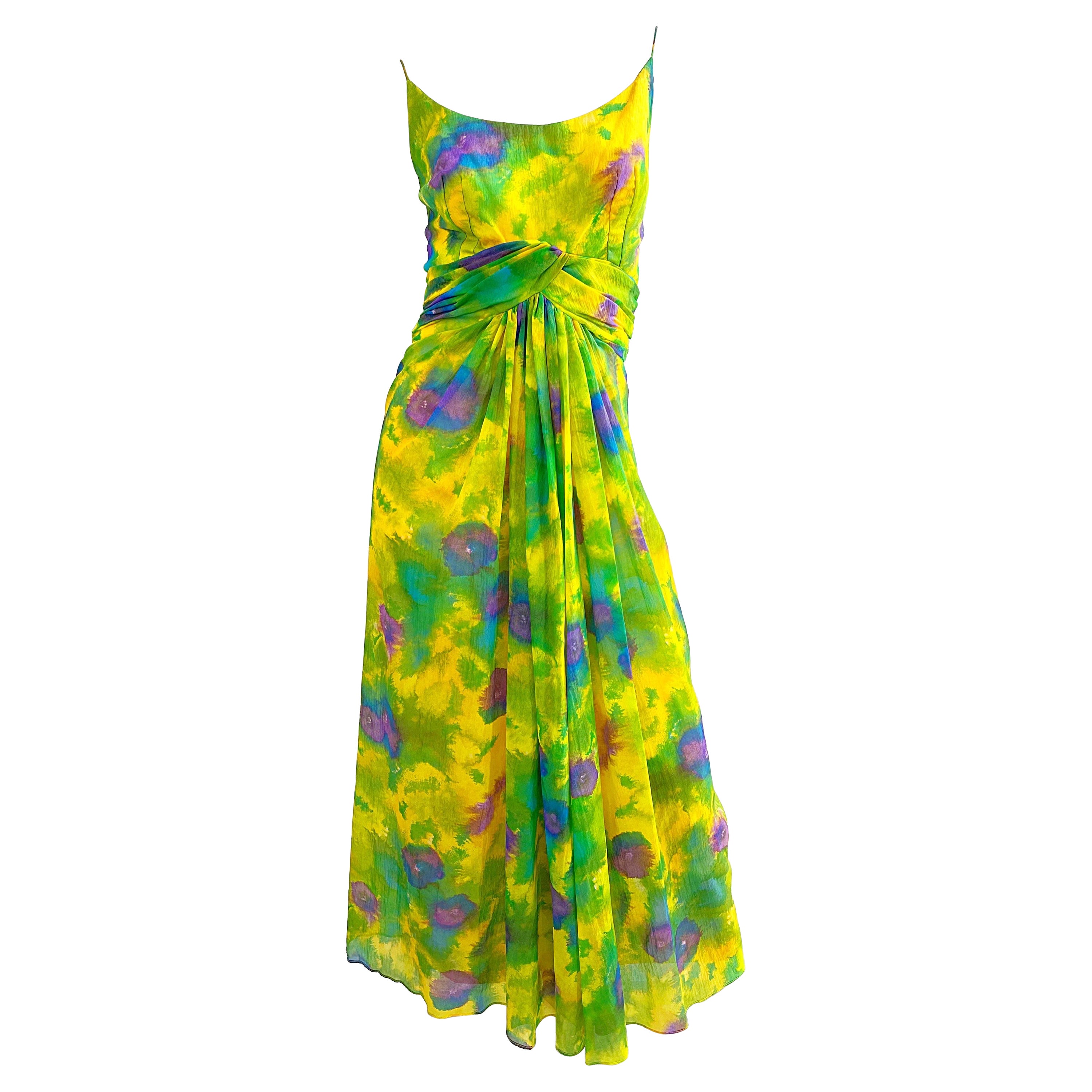 1960s Demi Couture Floral Watercolor Silk Chiffon Vintage 60s Gown Maxi Dress For Sale