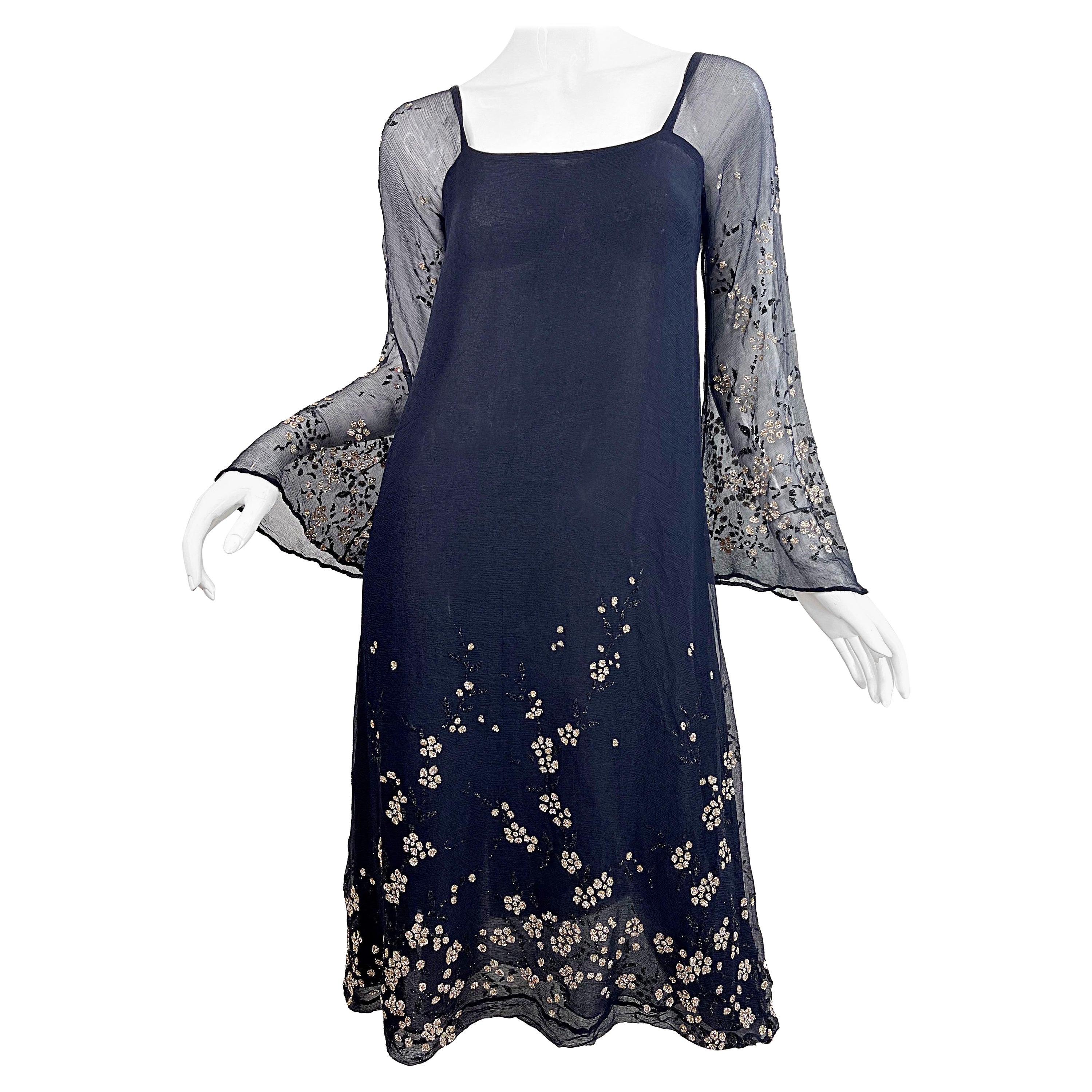 Pauline Trigere 1970s Black Silk Chiffon Glitter Encrusted Bell Sleeve 70s Dress For Sale