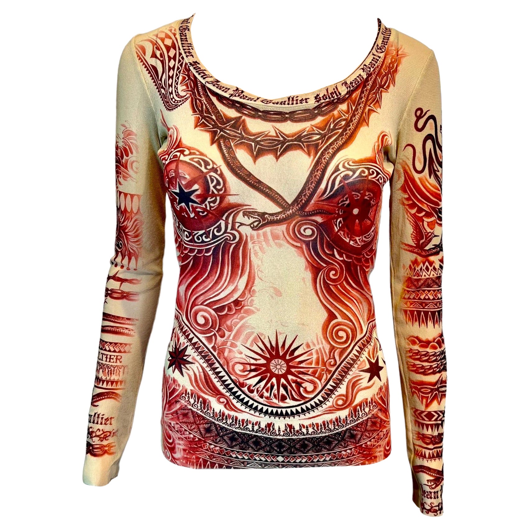 Jean Paul Gaultier Soleil Vintage Tattoo Print Sheer Mesh Top For Sale