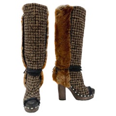 Used Chanel Houndstooth Fur Heel Boot FW2010